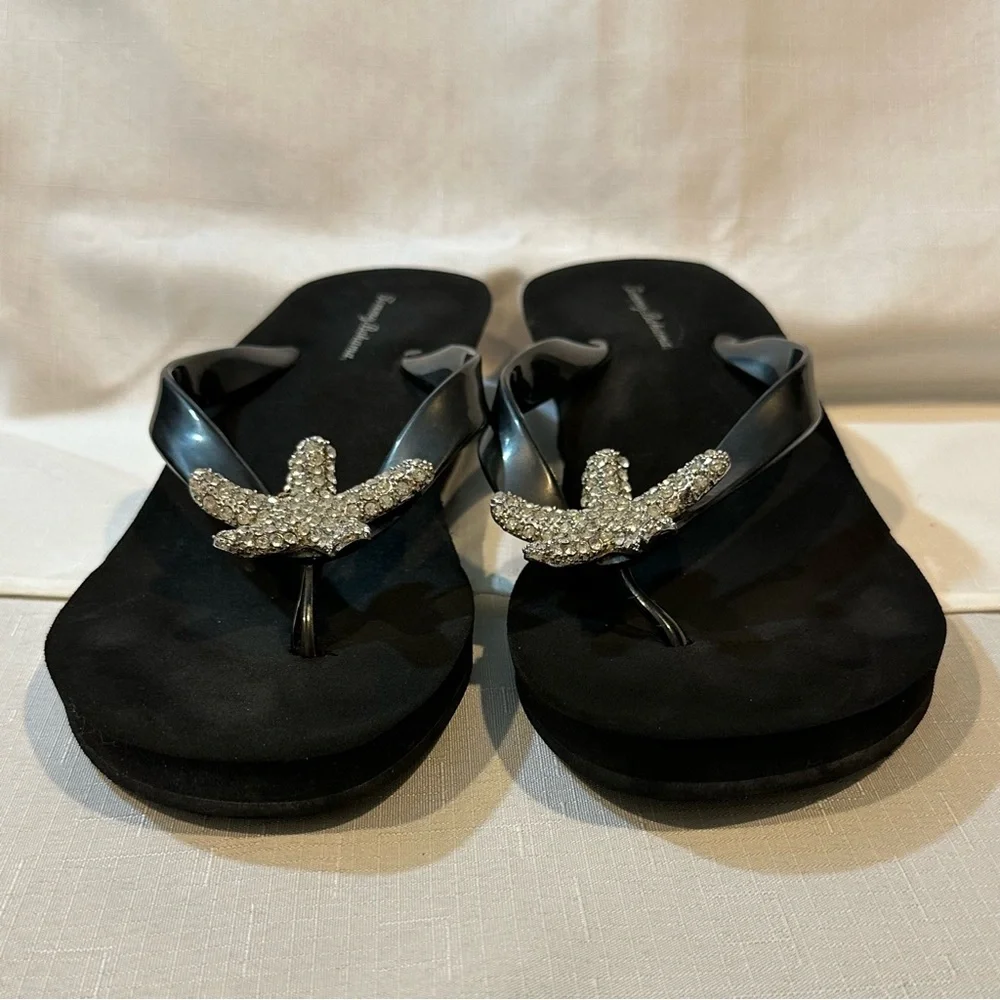 Tommy Bahama Black Rhinestone Starfish Flip Flops Size 9 Beach Glam Sandals - Picture 6 of 9